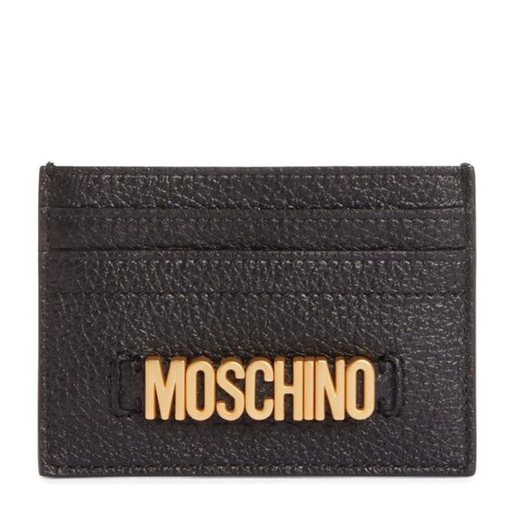 MOSCHINO Logo Leather Card Case, Designer Italian Luxury Wallet, Black Gold, NWT - Picture 1 of 13